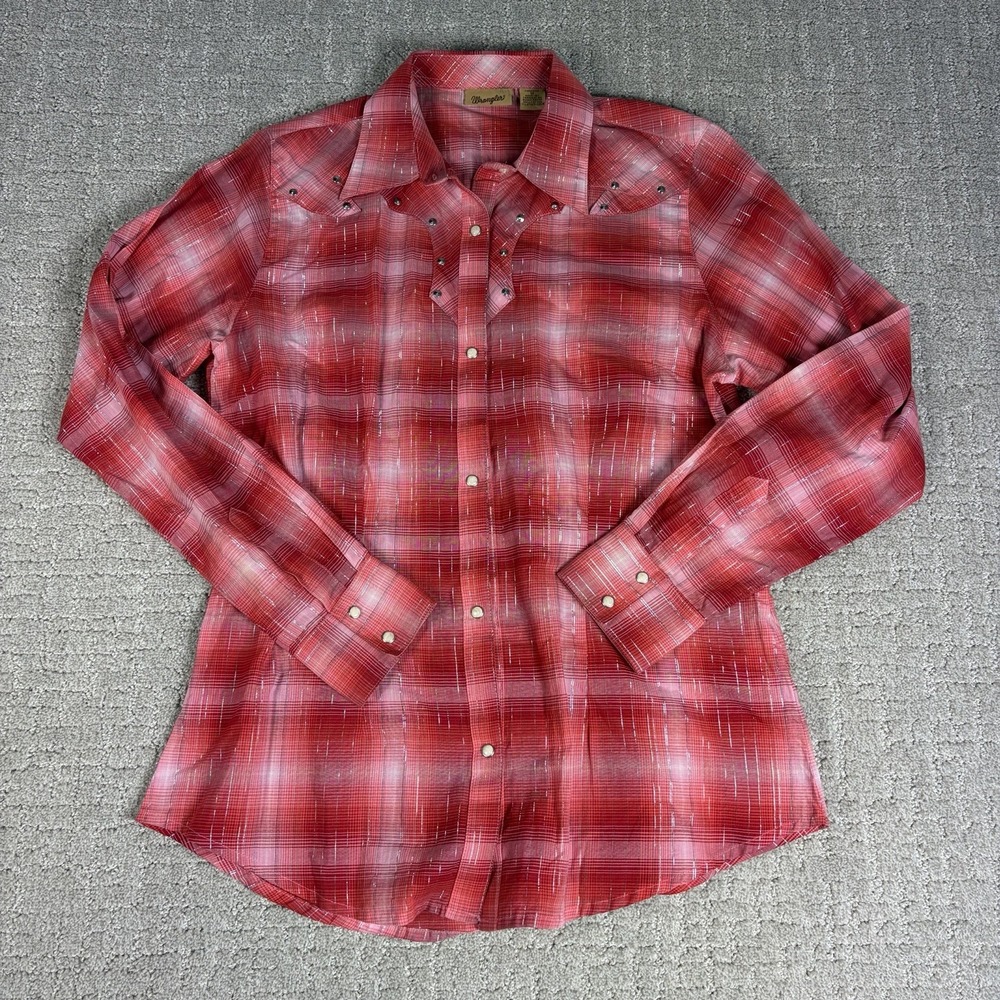 Vintage Wrangler Womens Red Plaid Western Pearl Snap Shirt Studded Yoke Size M